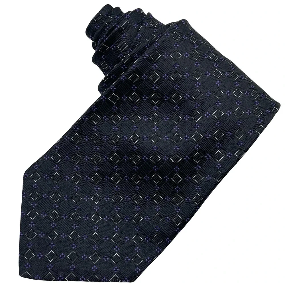 Vintage Superba Hand Made‎ USA Silk Necktie Tie Mens Black Purple Geometric Mod